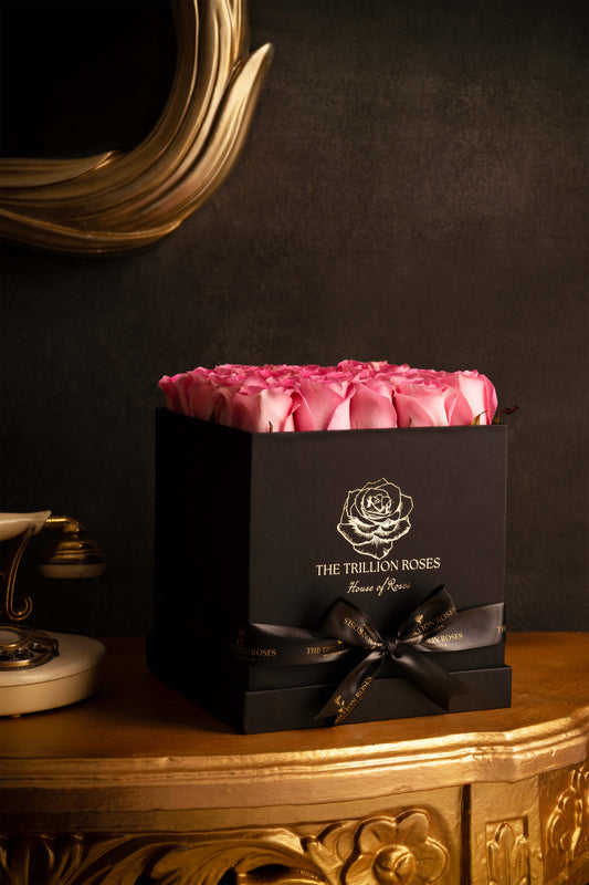 PINK BLOSSOM BLUSH ROSES IN BLACK SQUARE BOX